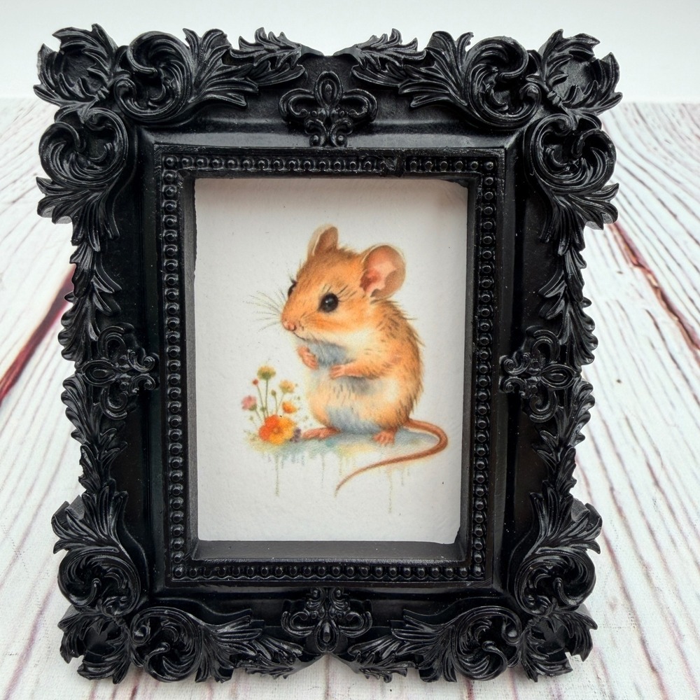 Handmade Miniature Field Mouse Art Print Ornate Black Resin Frame
